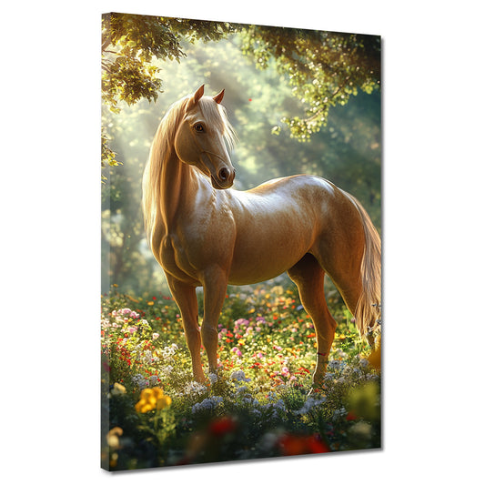 Wandbild wunderschönes Pferd im Blumenfeld Natur Eleganz Sonnenlicht