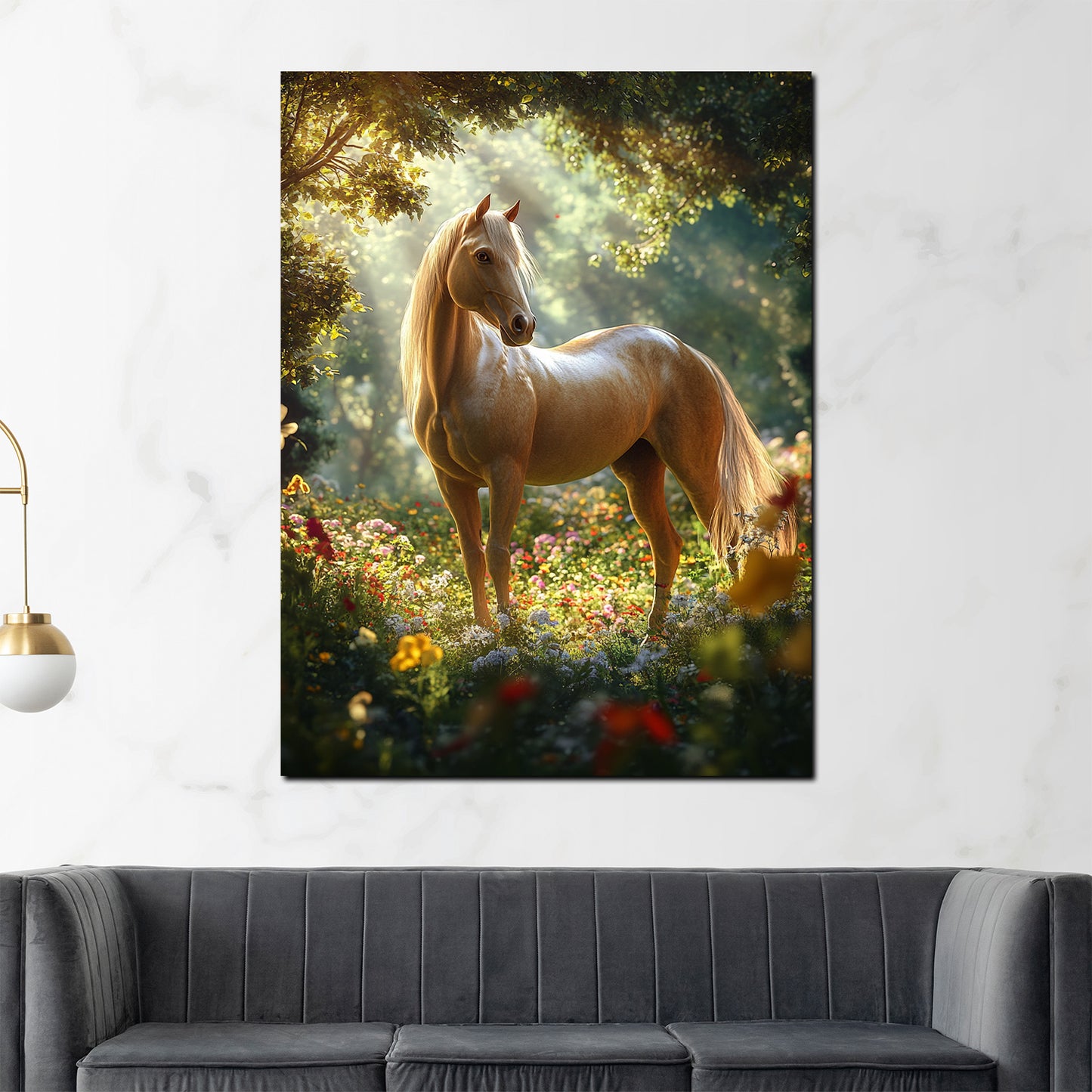 Wandbild wunderschönes Pferd im Blumenfeld Natur Eleganz Sonnenlicht