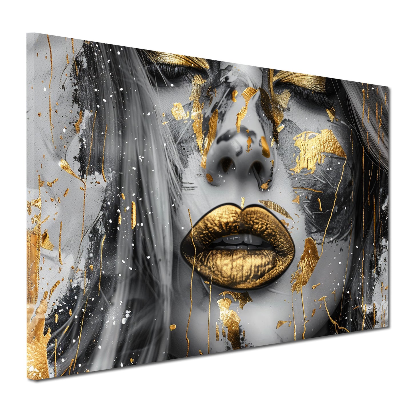 Wandbild Frau goldene Lippen Splatter Face Art