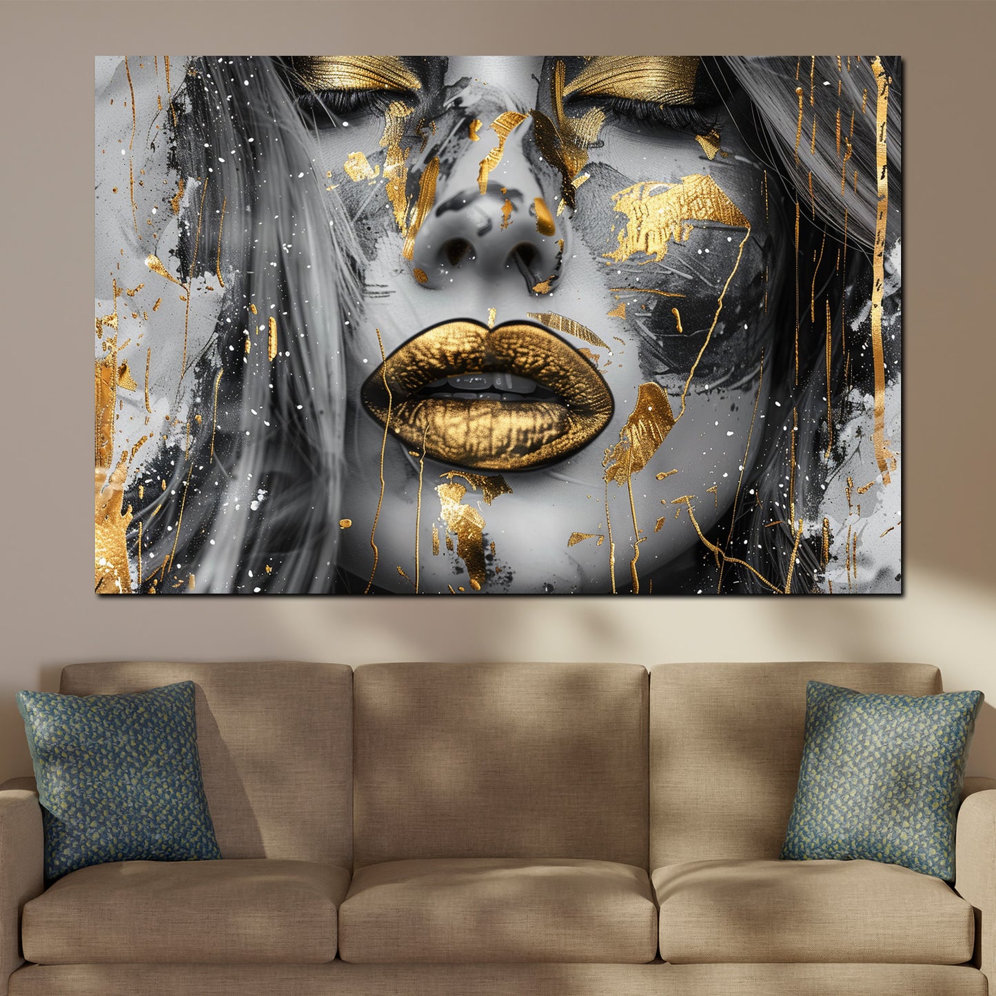 Wandbild Frau goldene Lippen Splatter Face Art