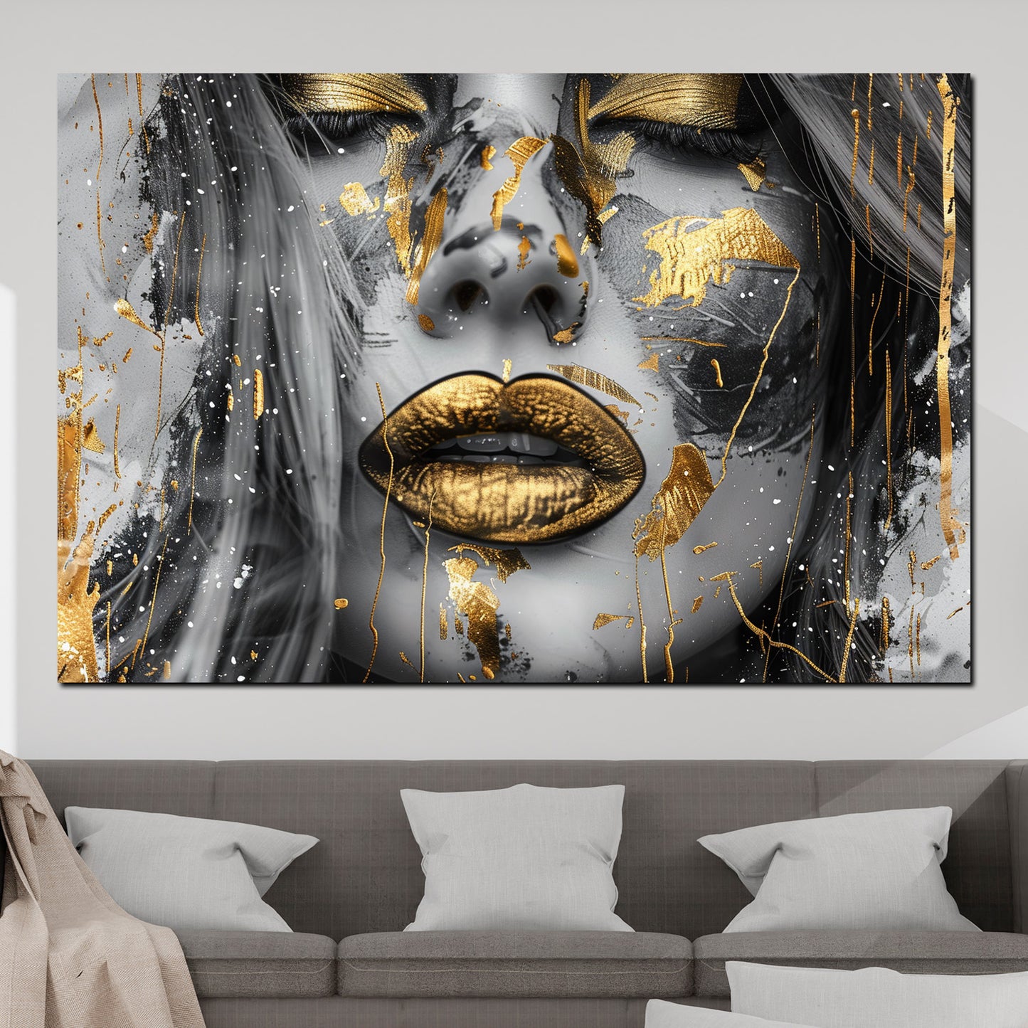 Wandbild Frau goldene Lippen Splatter Face Art