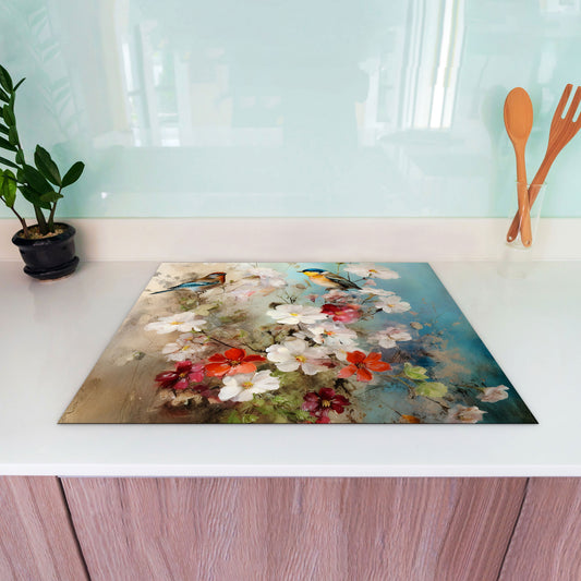 Abstrakt Blumen mit Vögel Herdabdeckplatte Induktionsschutz für Ceranfeld & Küche Deko