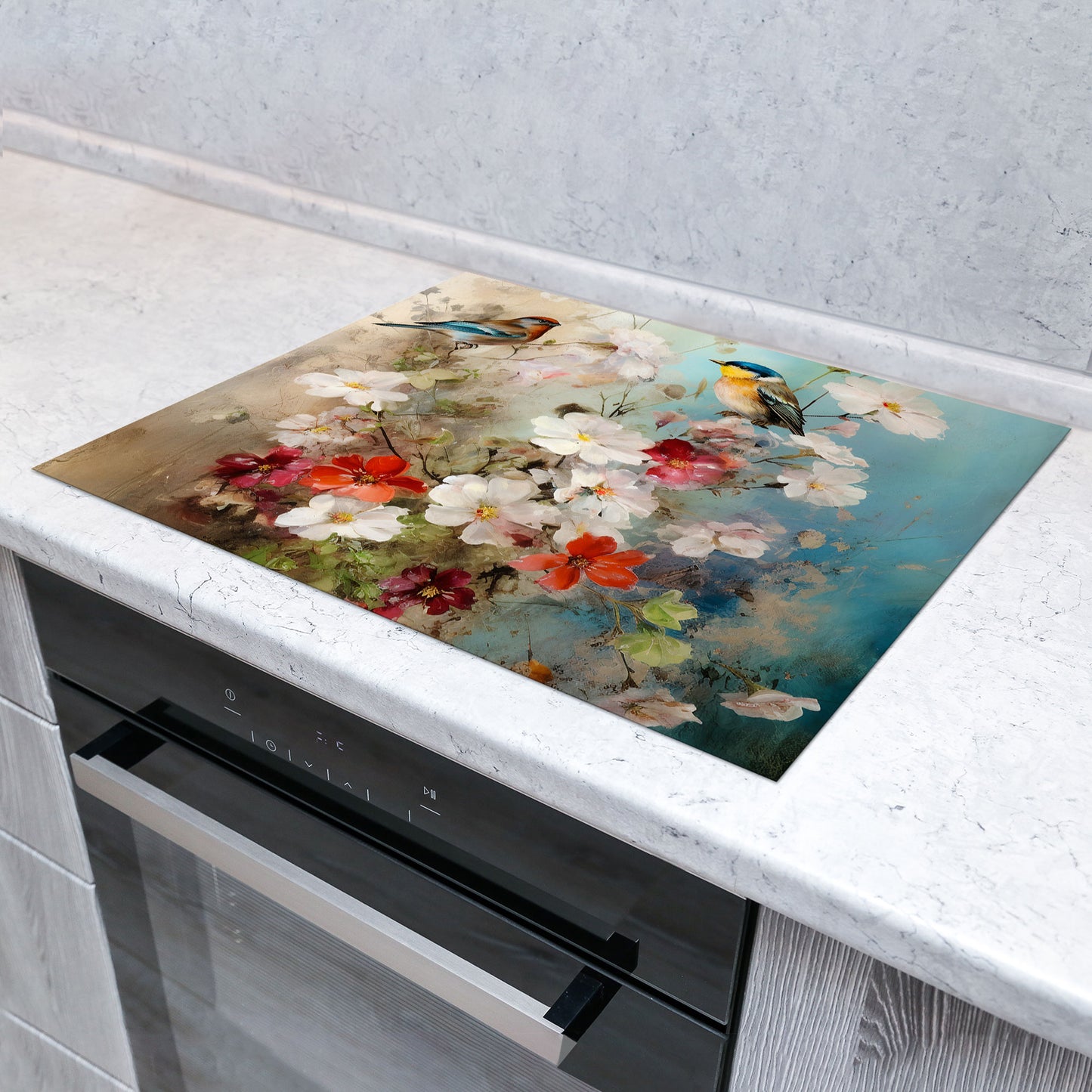 Abstrakt Blumen mit Vögel Herdabdeckplatte Induktionsschutz für Ceranfeld & Küche Deko