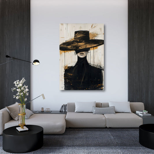 Abstrakte Frau mit Hut in modernem Schwarz-Gold Wandbild