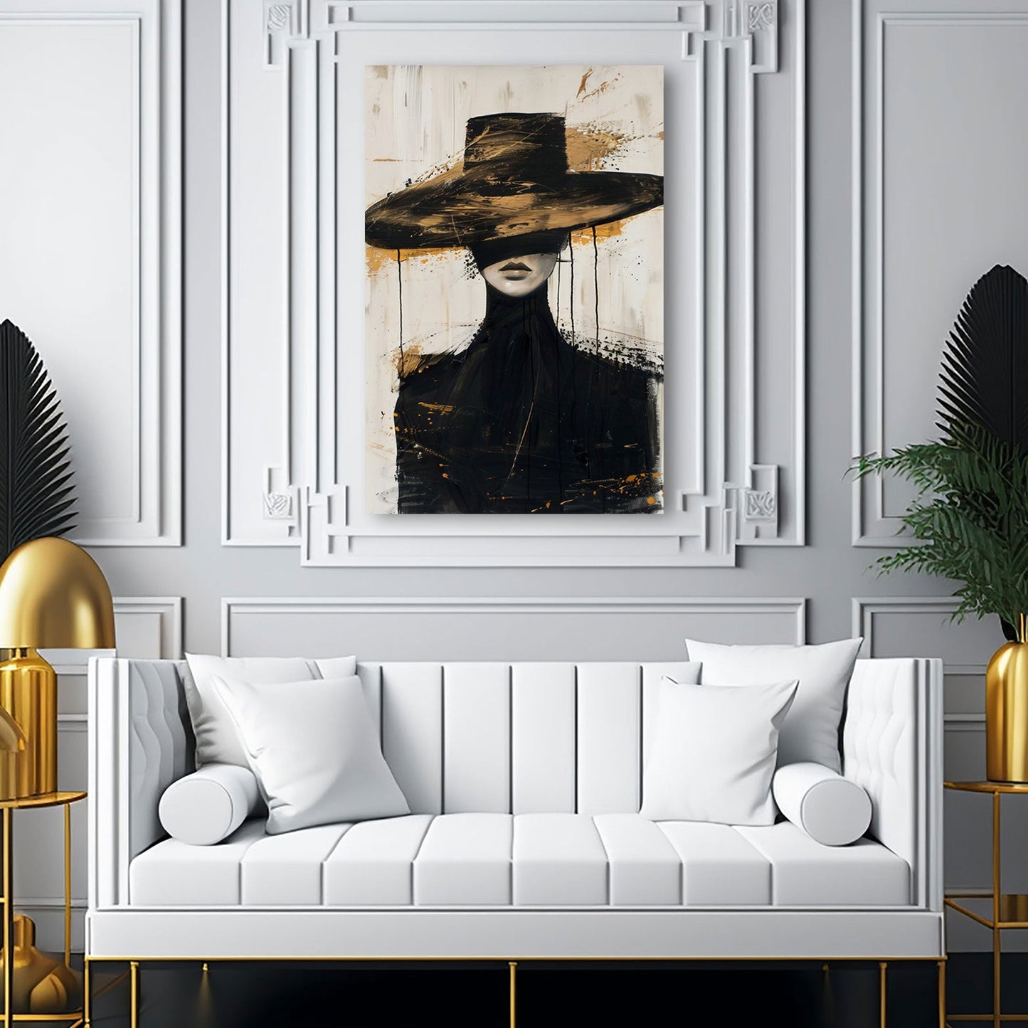 Abstrakte Frau mit Hut in modernem Schwarz-Gold Wandbild