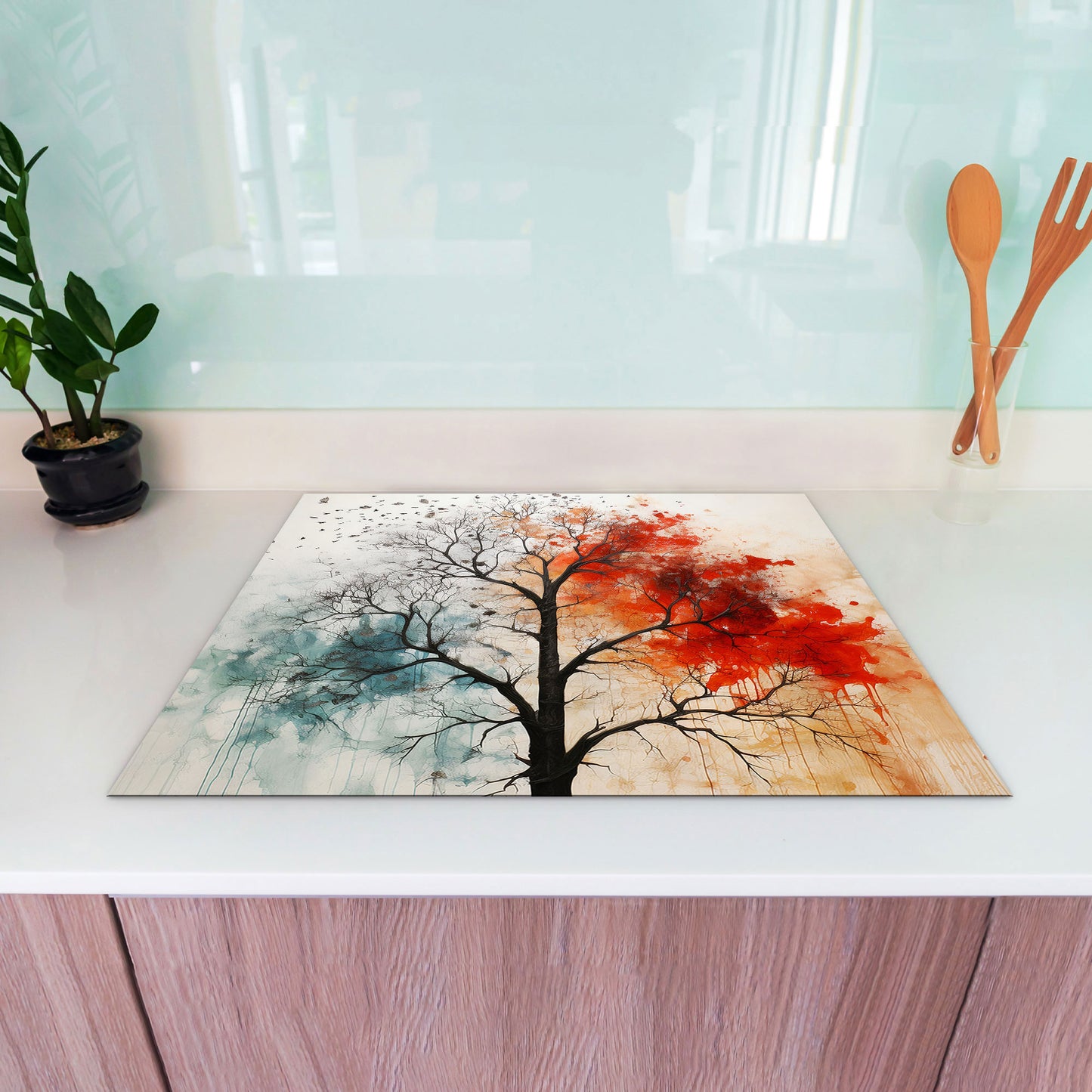 Abstrakt kahler Baum rot blau Herdabdeckplatte Induktionsschutz für Ceranfeld & Küche Deko