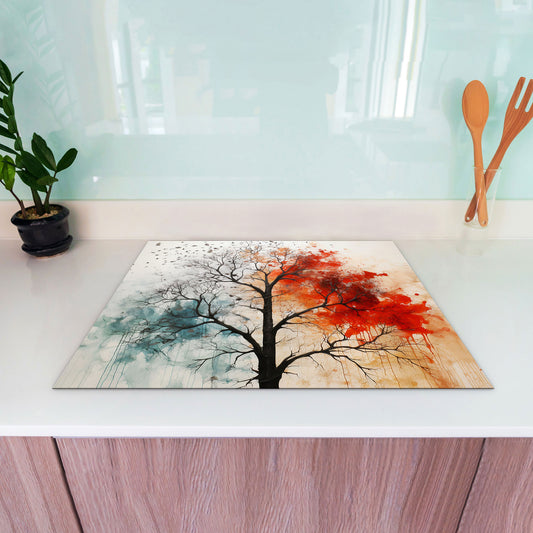 Abstrakt kahler Baum rot blau Herdabdeckplatte Induktionsschutz für Ceranfeld & Küche Deko