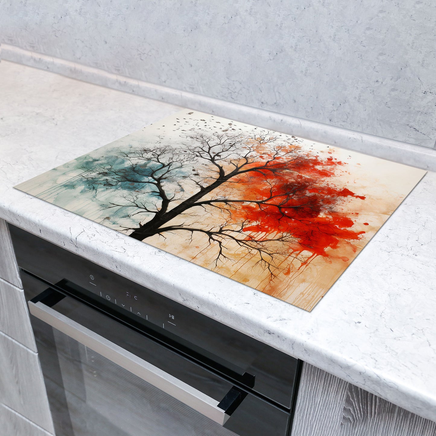 Abstrakt kahler Baum rot blau Herdabdeckplatte Induktionsschutz für Ceranfeld & Küche Deko
