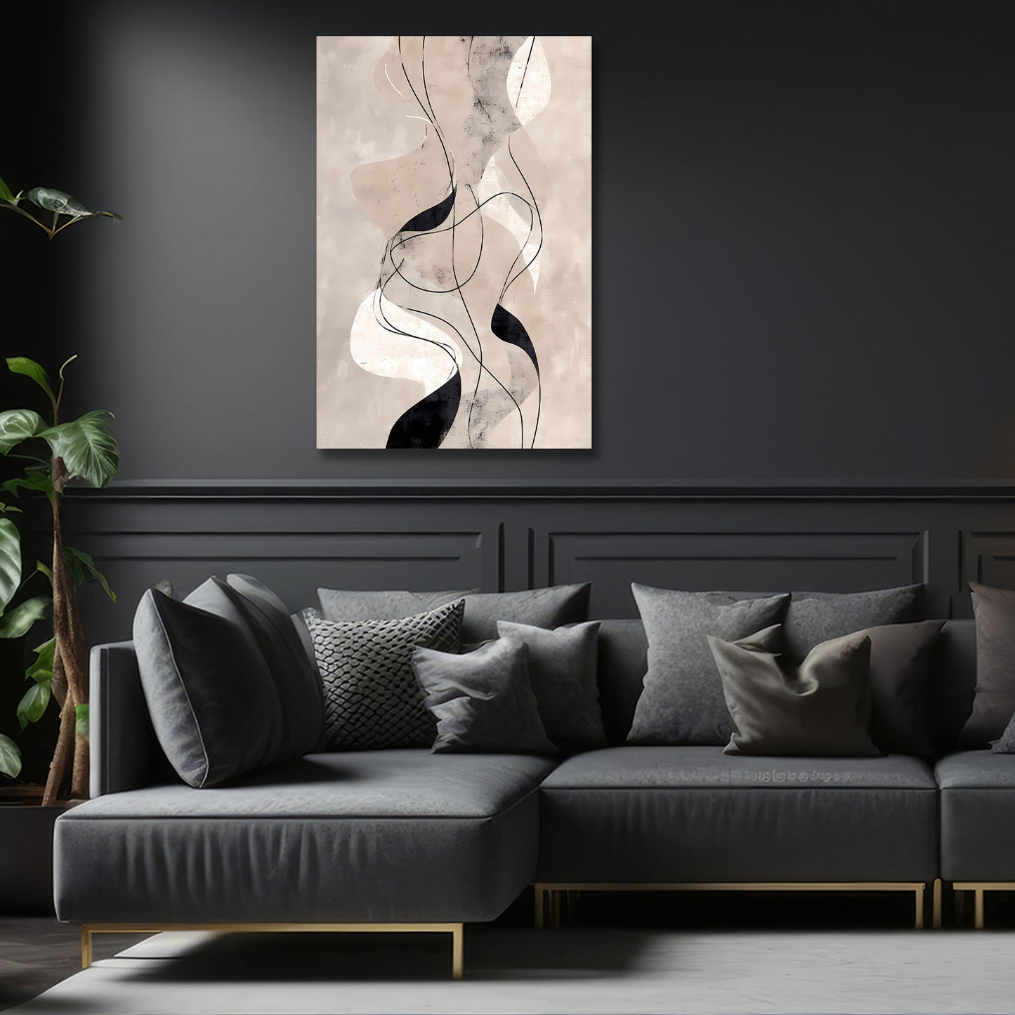 Abstrakt Linien Beige Schwarz Minimalismus Wandbild