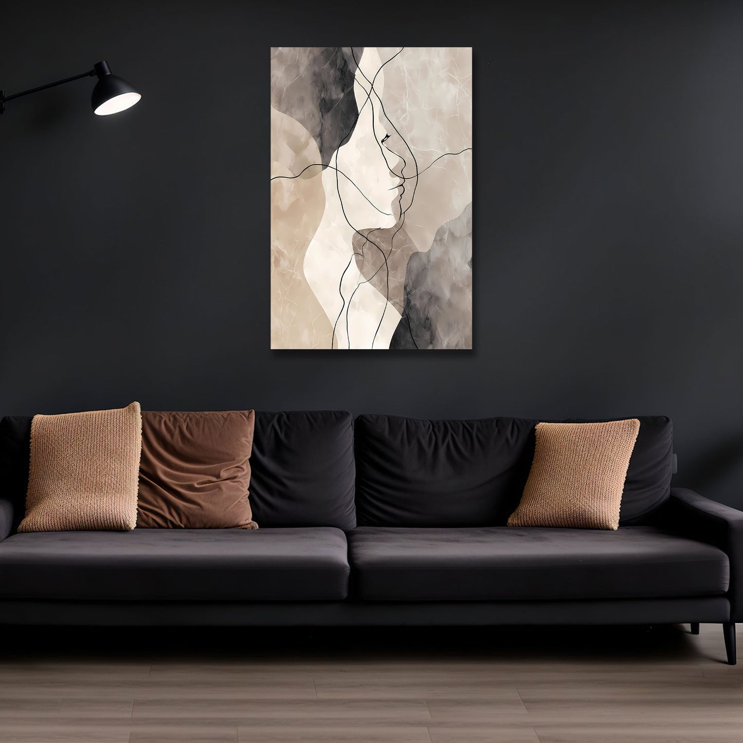 Abstrakt Liniengesicht Beige Braun Schwarz Wandbild