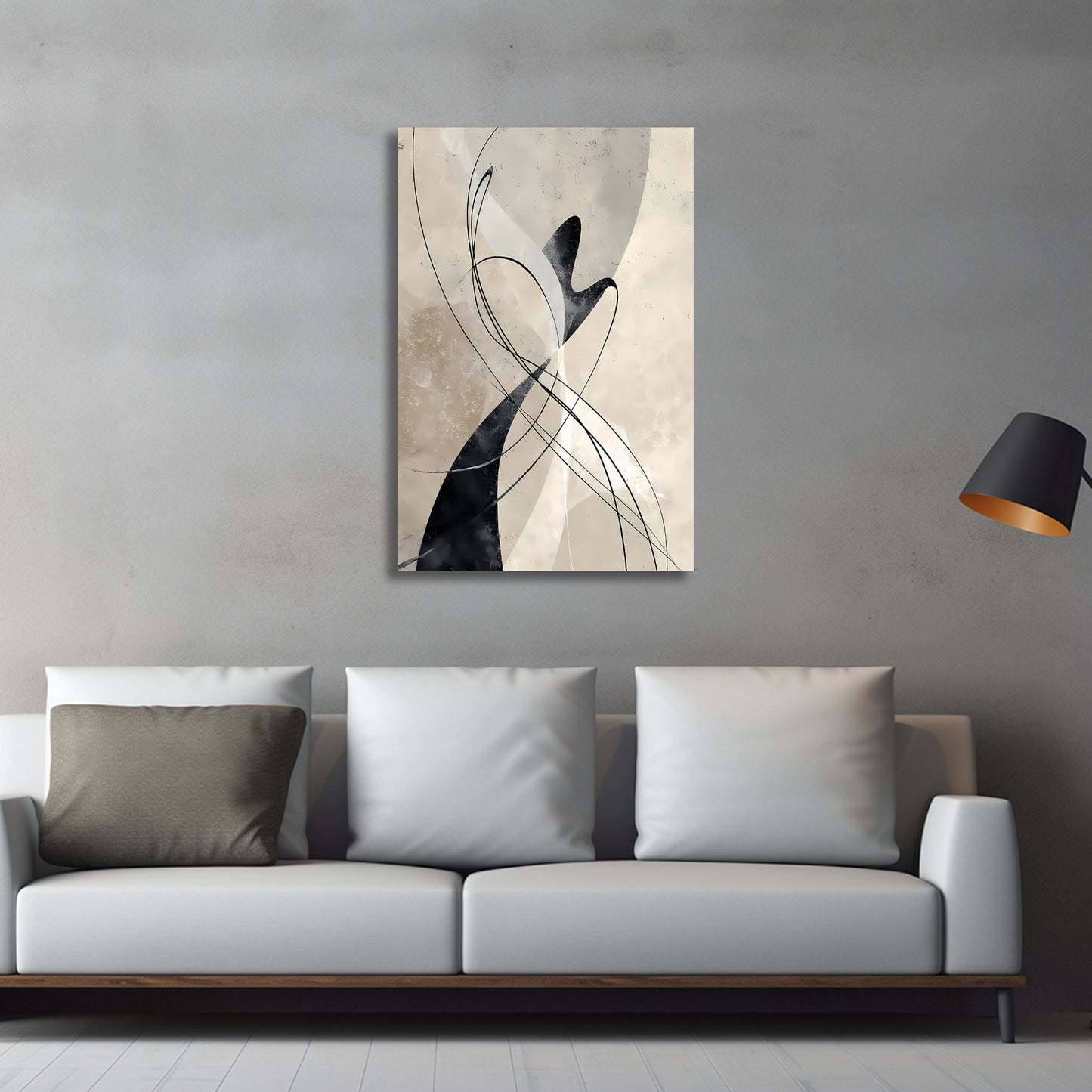 Abstrakt Linienkunst Beige Schwarz Wandbild