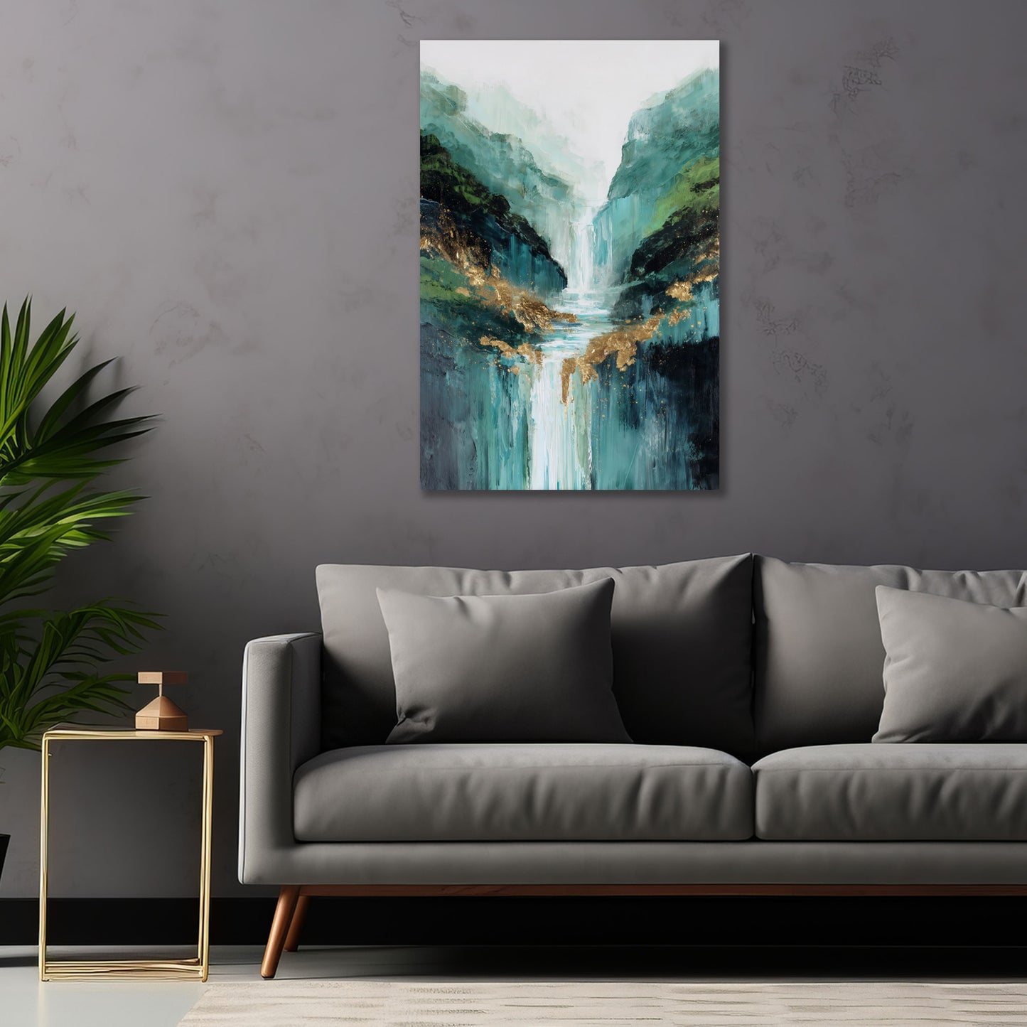 Abstrakt Wasserfall Fluss Berge türkis goldene Akzente Wandbild