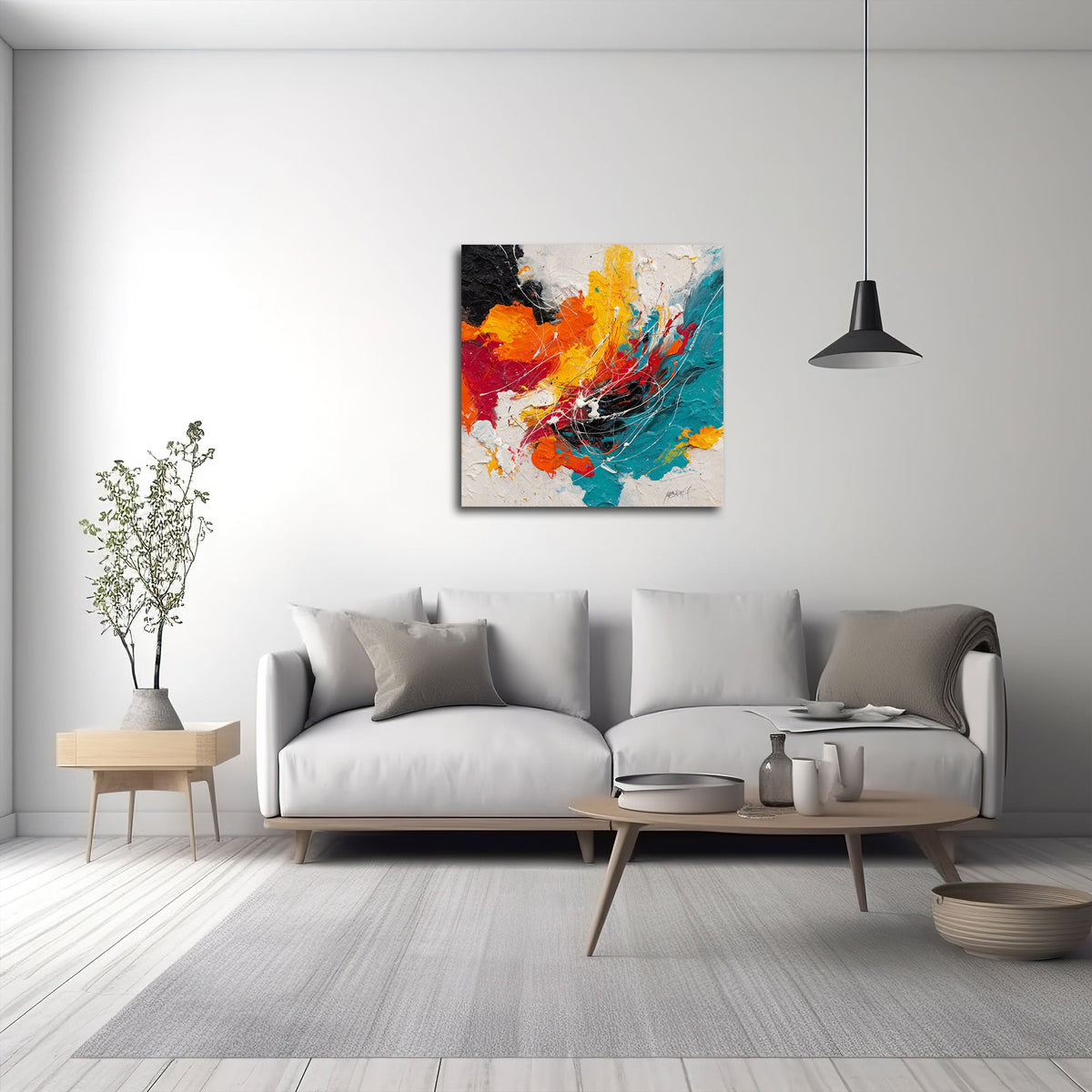 Quadratisches abstraktes Wandbild an einer Wohnraumwand