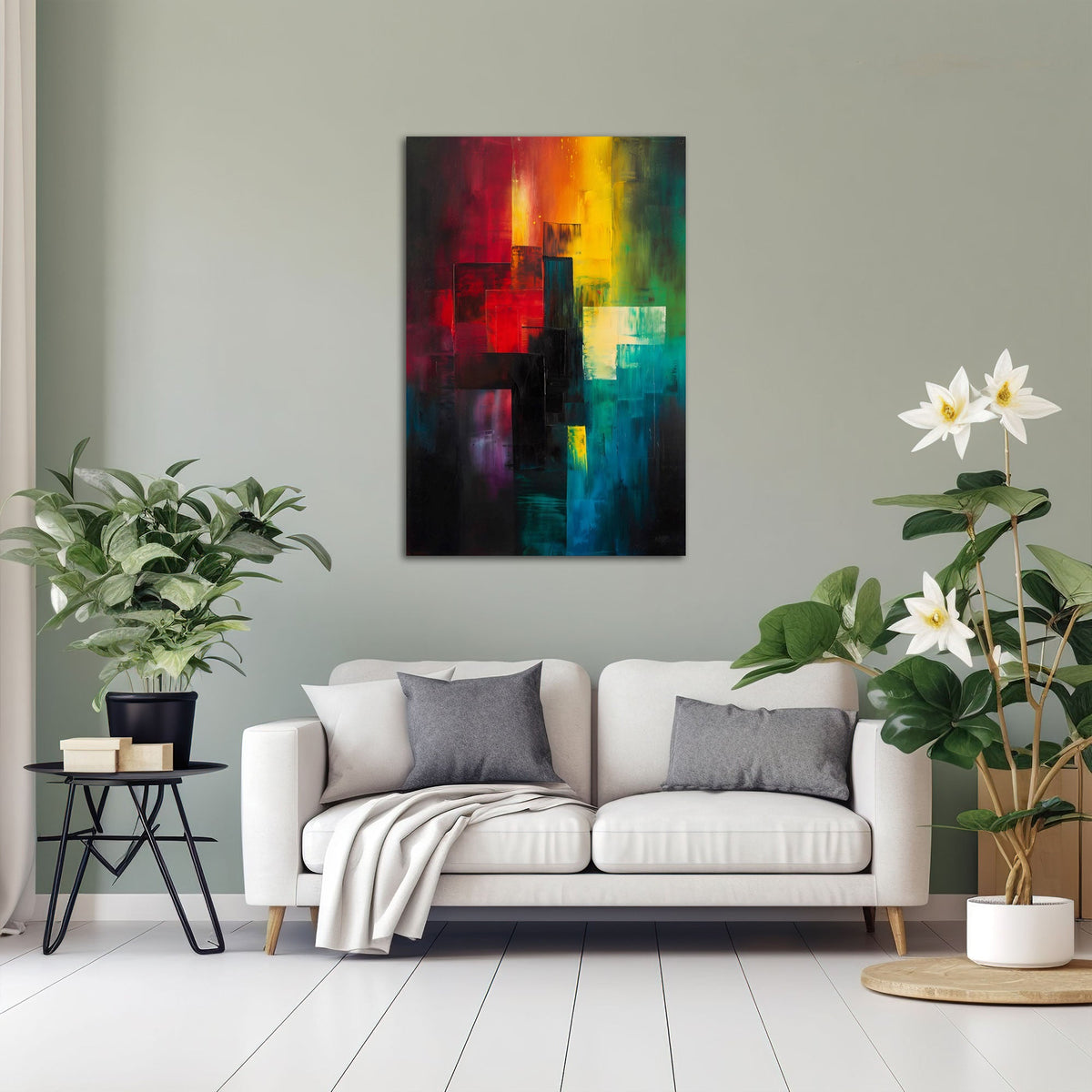 Modernes abstraktes Wandbild im Hochformat an einer Wohnraumwand