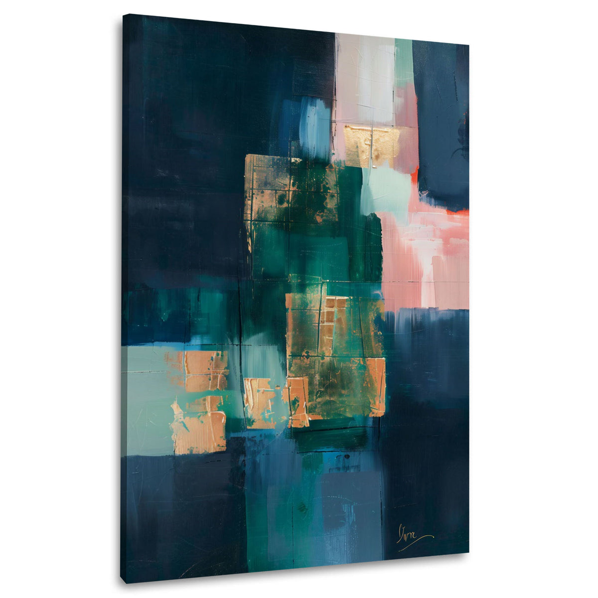 Abstrakte Formen in Petrol und Gold elegant Wandbild im Hochformat
