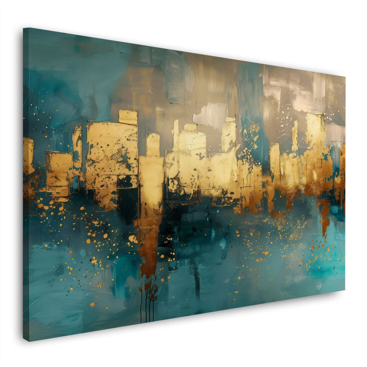 Abstrakte Skyline in Gold und Türkis als Wandbild