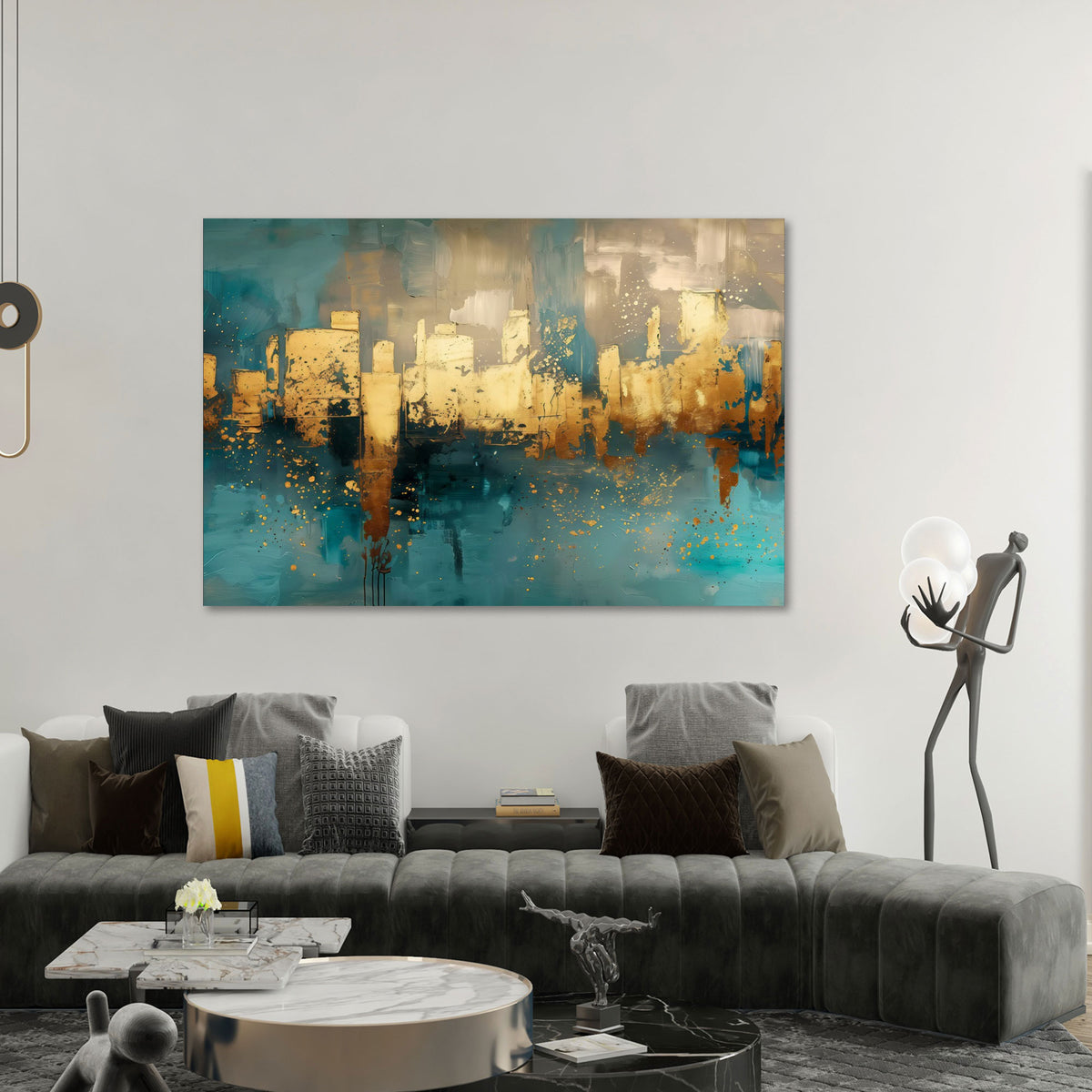Abstrakte Skyline in Gold und Türkis als Wandbild