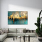 Abstrakte Skyline in Gold und Türkis als Wandbild