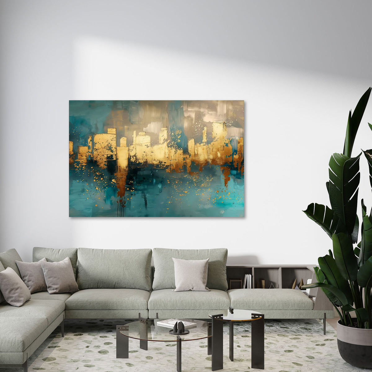 Abstrakte Skyline in Gold und Türkis als Wandbild
