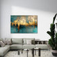 Abstrakte Skyline in Gold und Türkis in Aquarell Wandbild