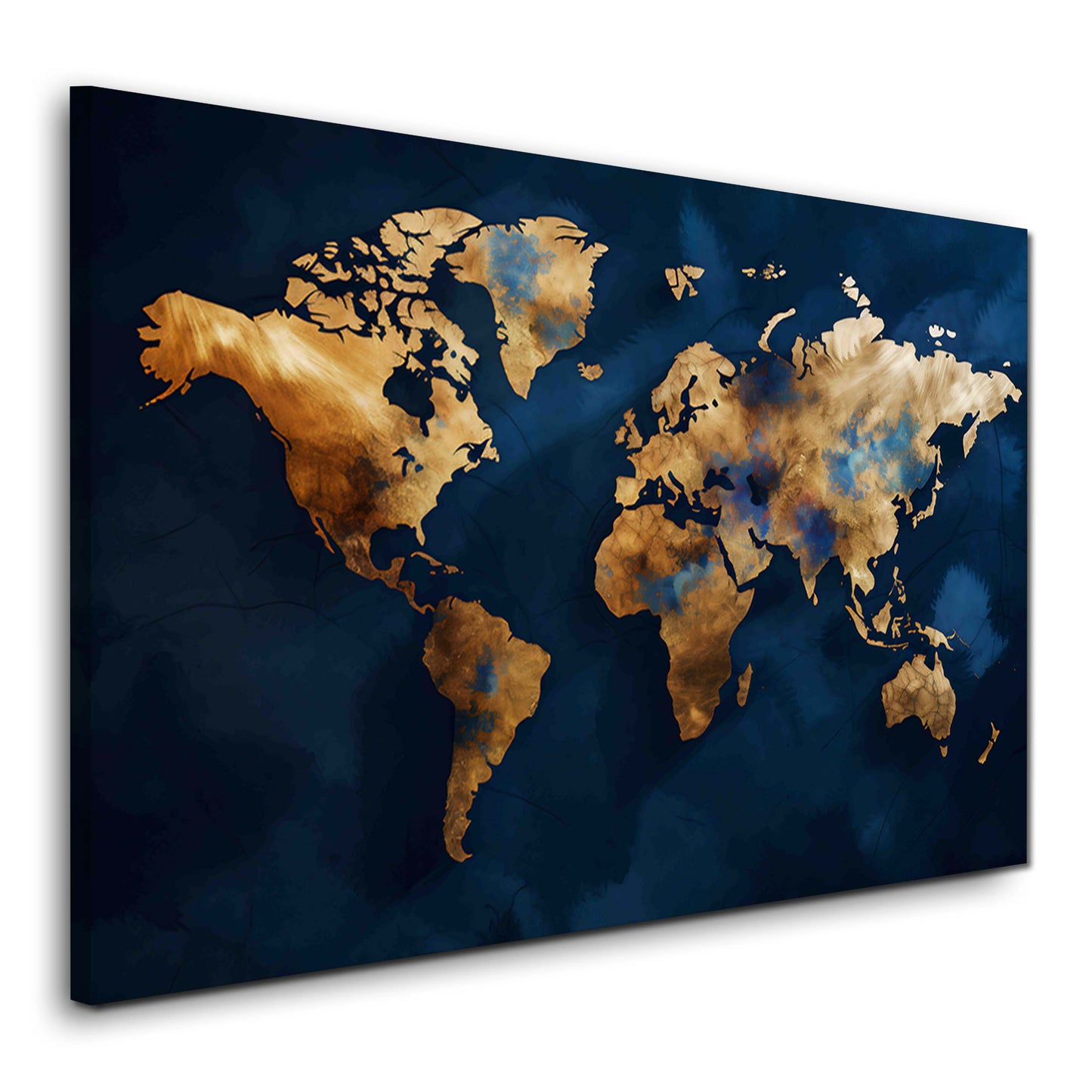 Abstrakte Weltkarte blau und gold modern Wandbild