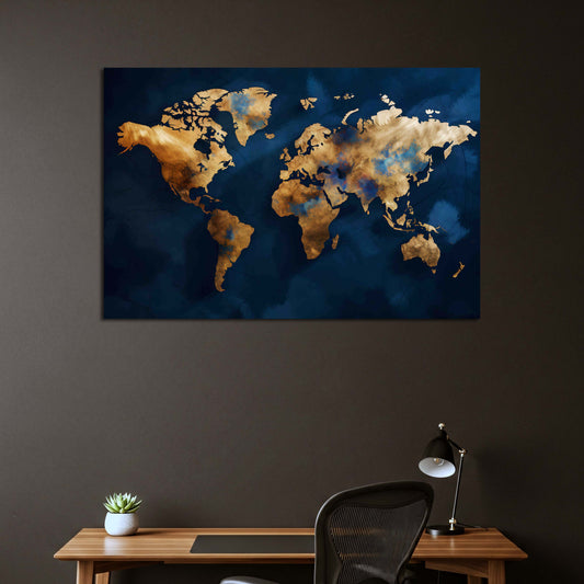 Abstrakte Weltkarte blau und gold modern Wandbild