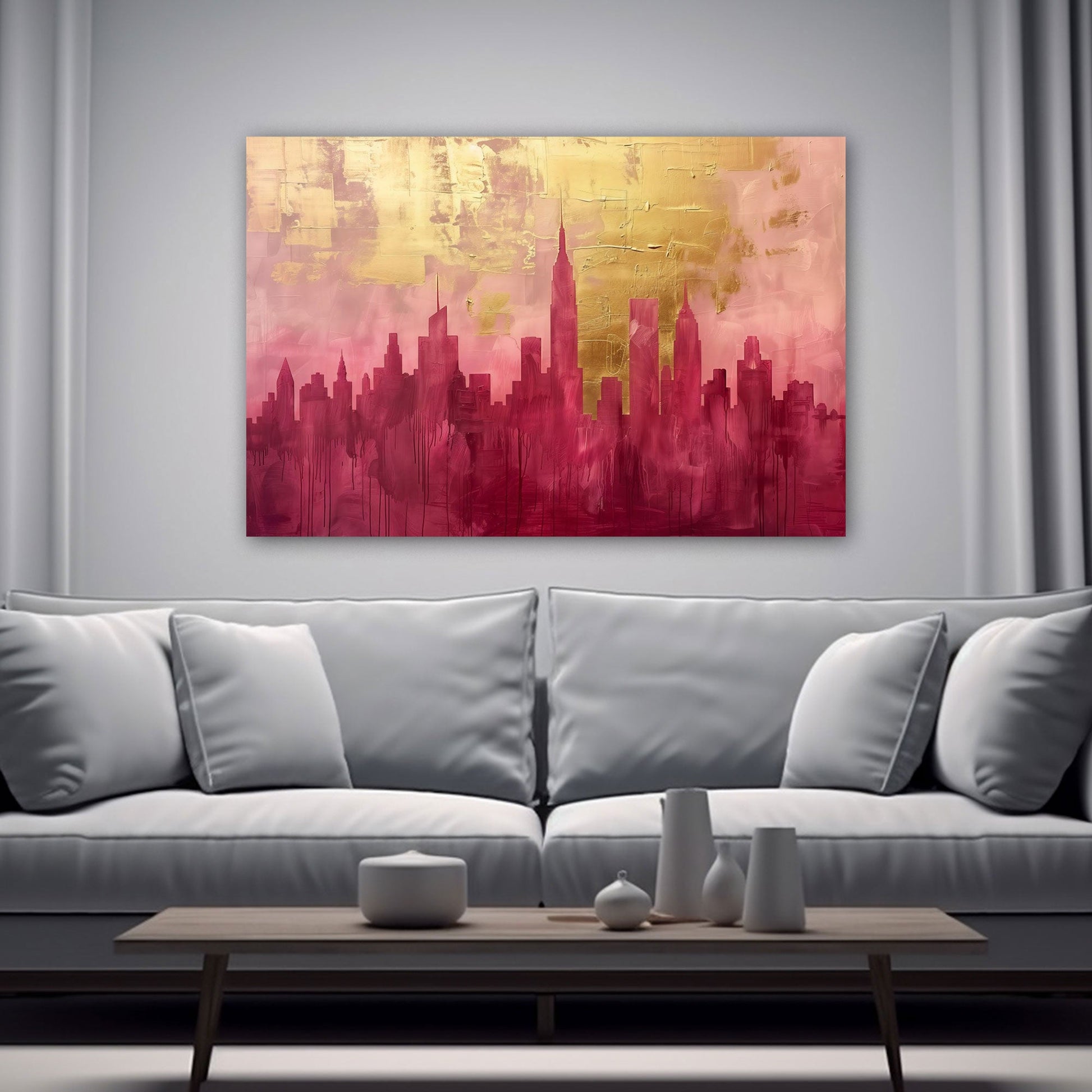 Abstraktes Stadtpanorama modern expressiv Wandbild – Raumansicht 1