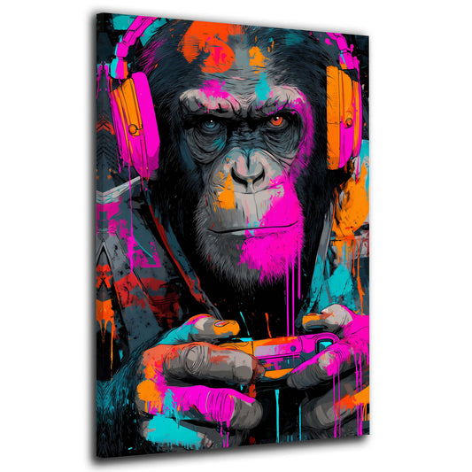 Affe mit Kopfhörern und Gamecontroller Graffiti Wandbild