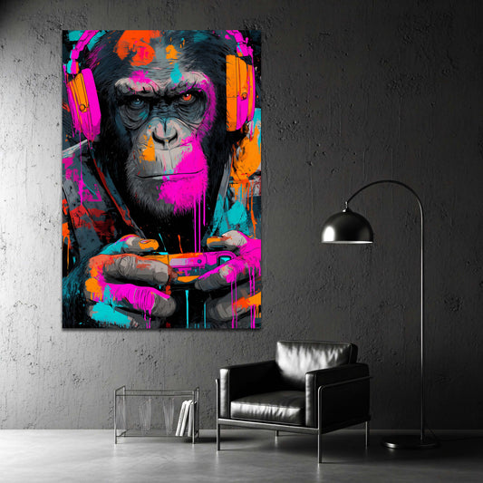 Affe mit Kopfhörern und Gamecontroller Graffiti Wandbild