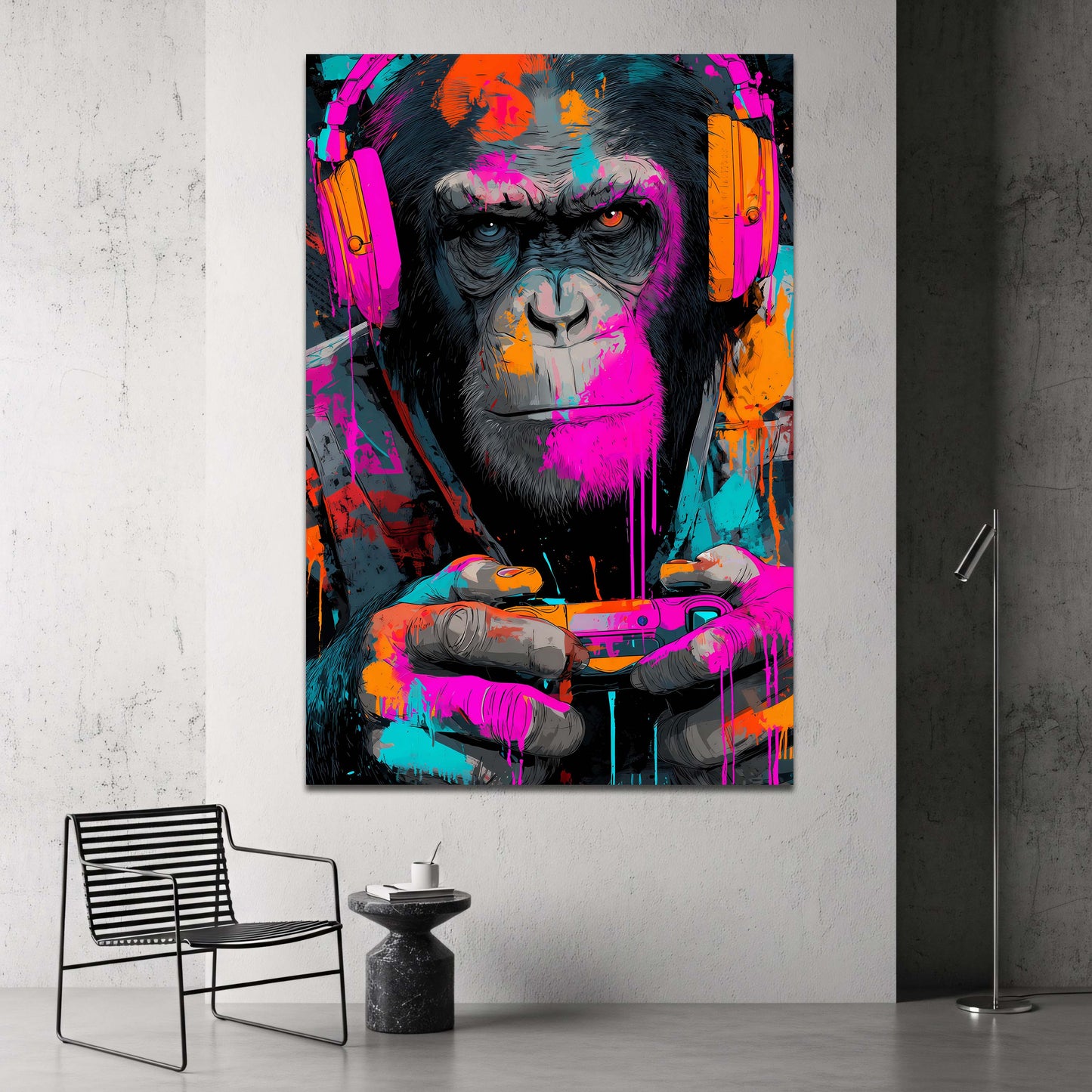 Affe mit Kopfhoerern und Gamecontroller Graffiti Wandbild