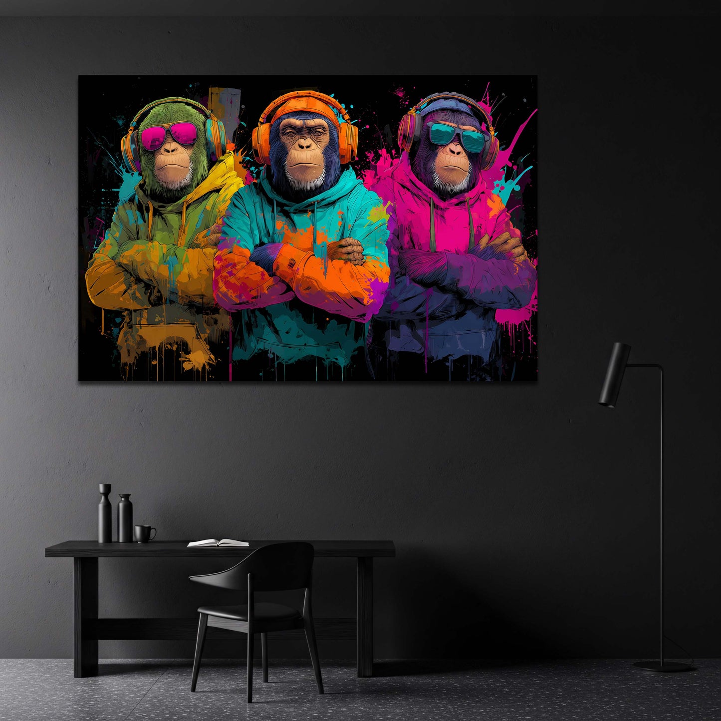 Affen mit Hoodies und Kopfhoerern neon Pop Art Wandbild