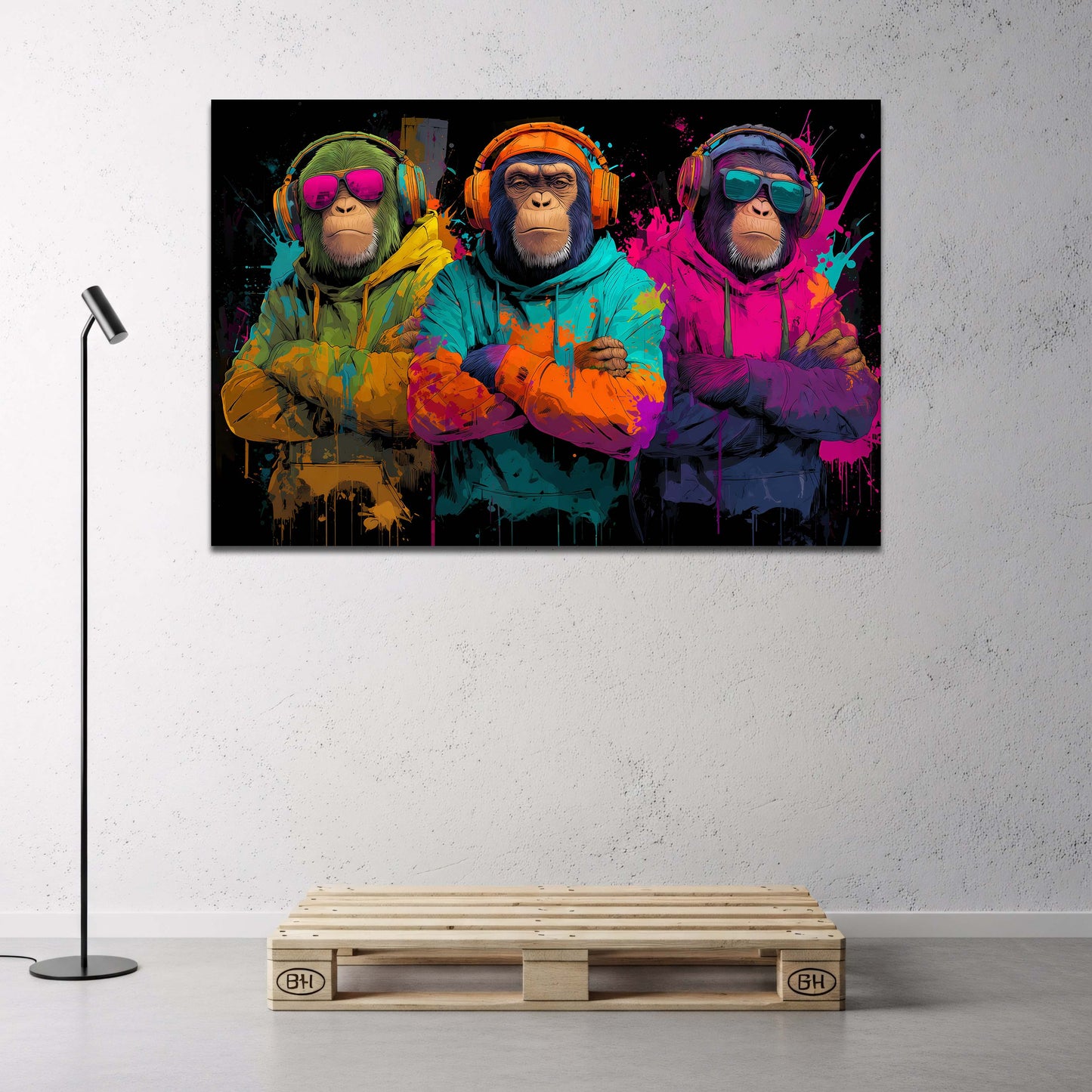 Affen mit Hoodies und Kopfhoerern neon Pop Art Wandbild