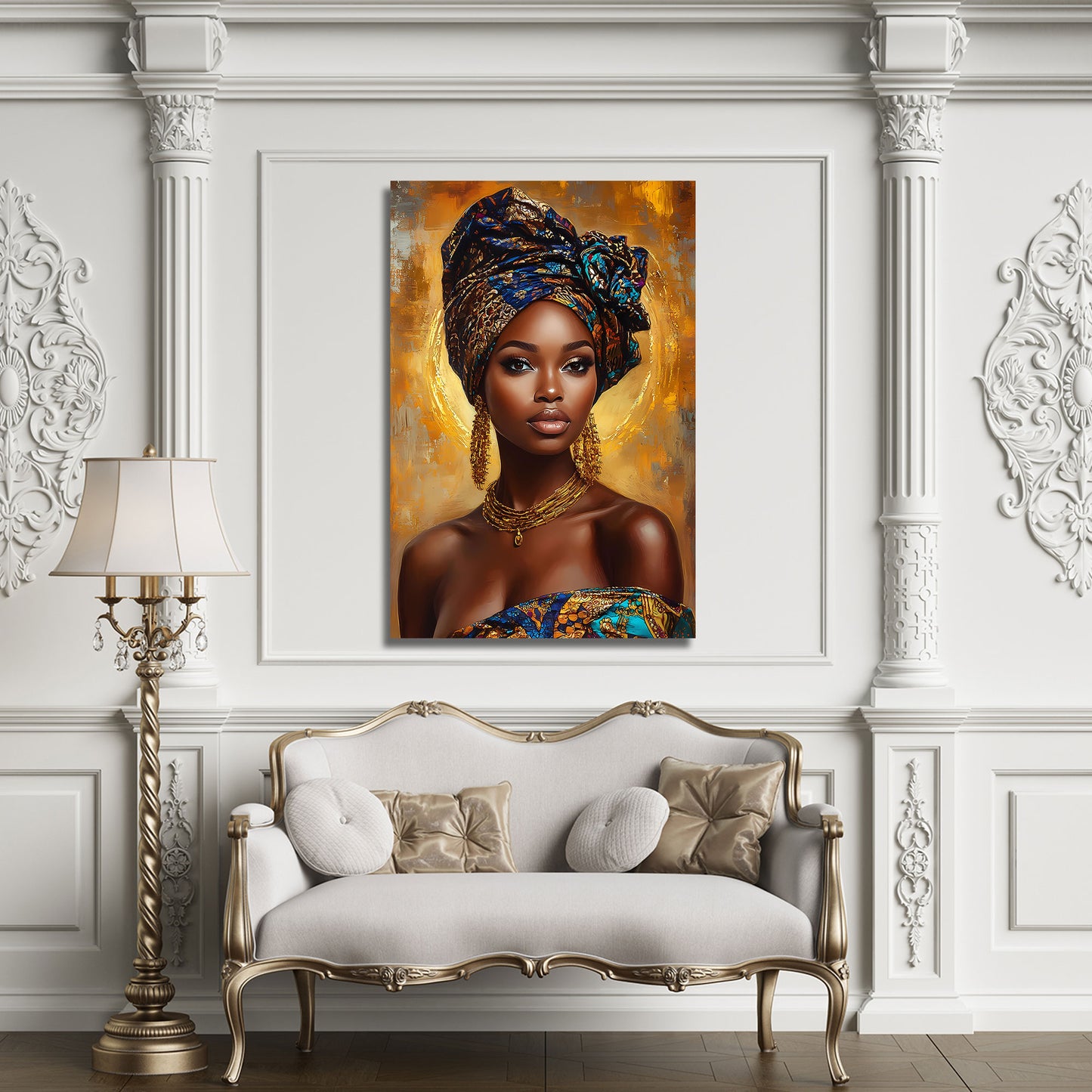 Afrikanerin Porträt mit Turban und goldener Ausstrahlung Wandbild