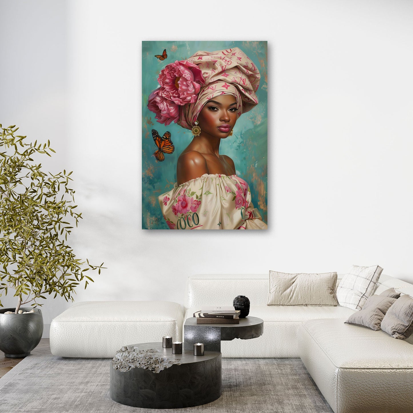 Afrikanische Frau mit Blumen-Turban und Schmetterlingen Wandbild