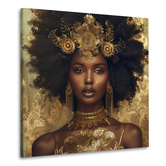 Elegantes Porträt der afrikanischen Frau mit Goldschmuck und Krone Wandbild