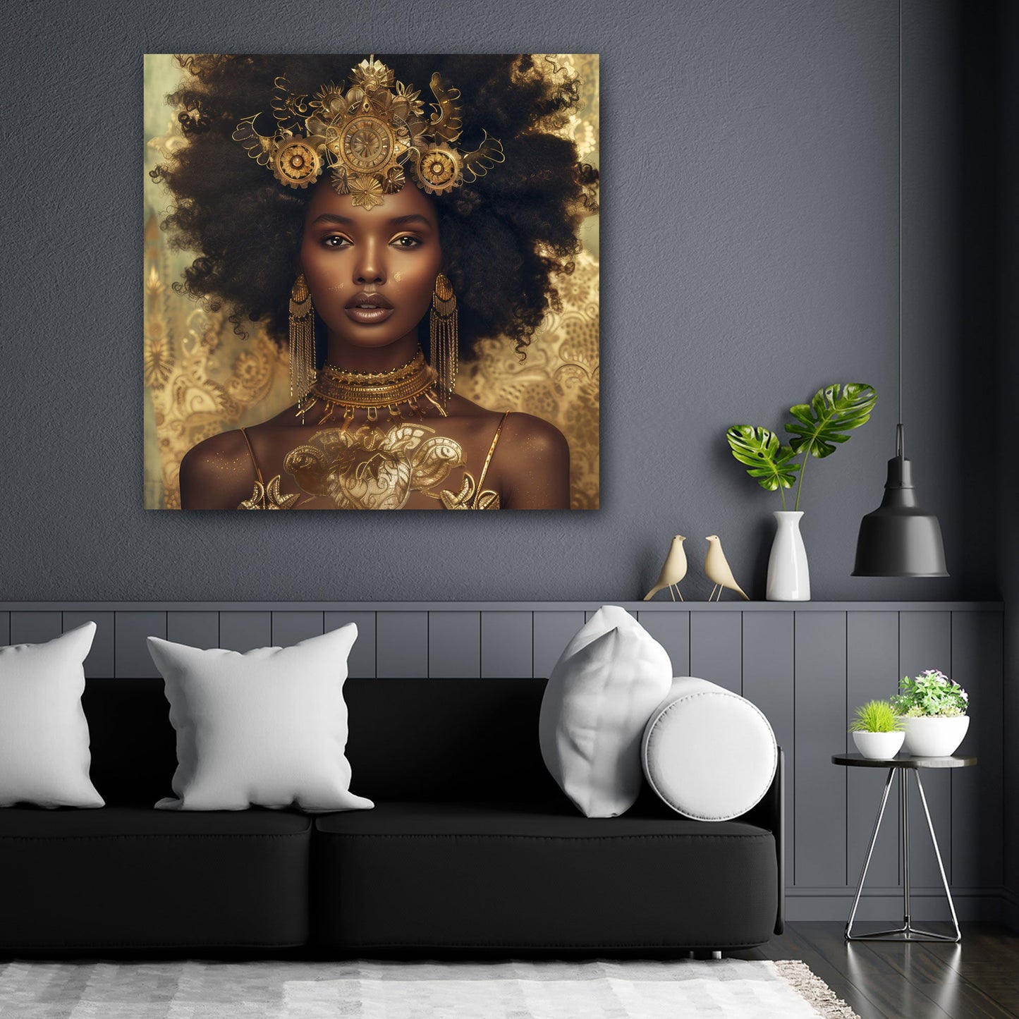 Elegantes Porträt der afrikanischen Frau mit Goldschmuck und Krone Wandbild