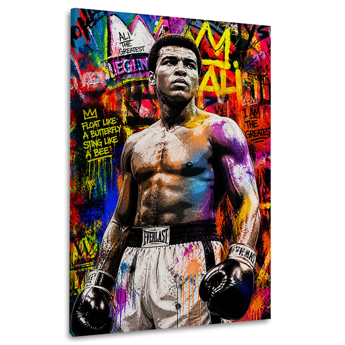 Ali Boxlegende im Graffiti Pop Art Stil buntes Wandbild