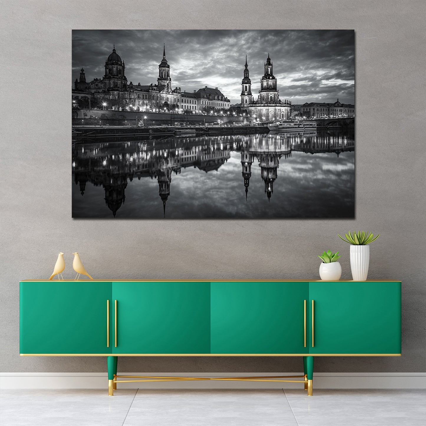 Altstadt Elbe Dresdner Spiegelung schwarz weiß Wandbild