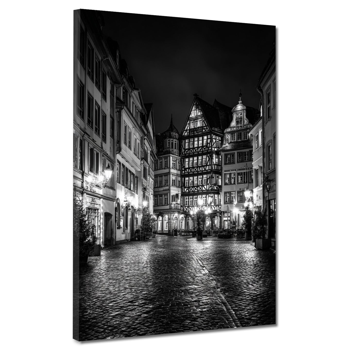 Altstadt Mainz schwarz weiß Fachwerkhäuser beleuchtet Wandbild