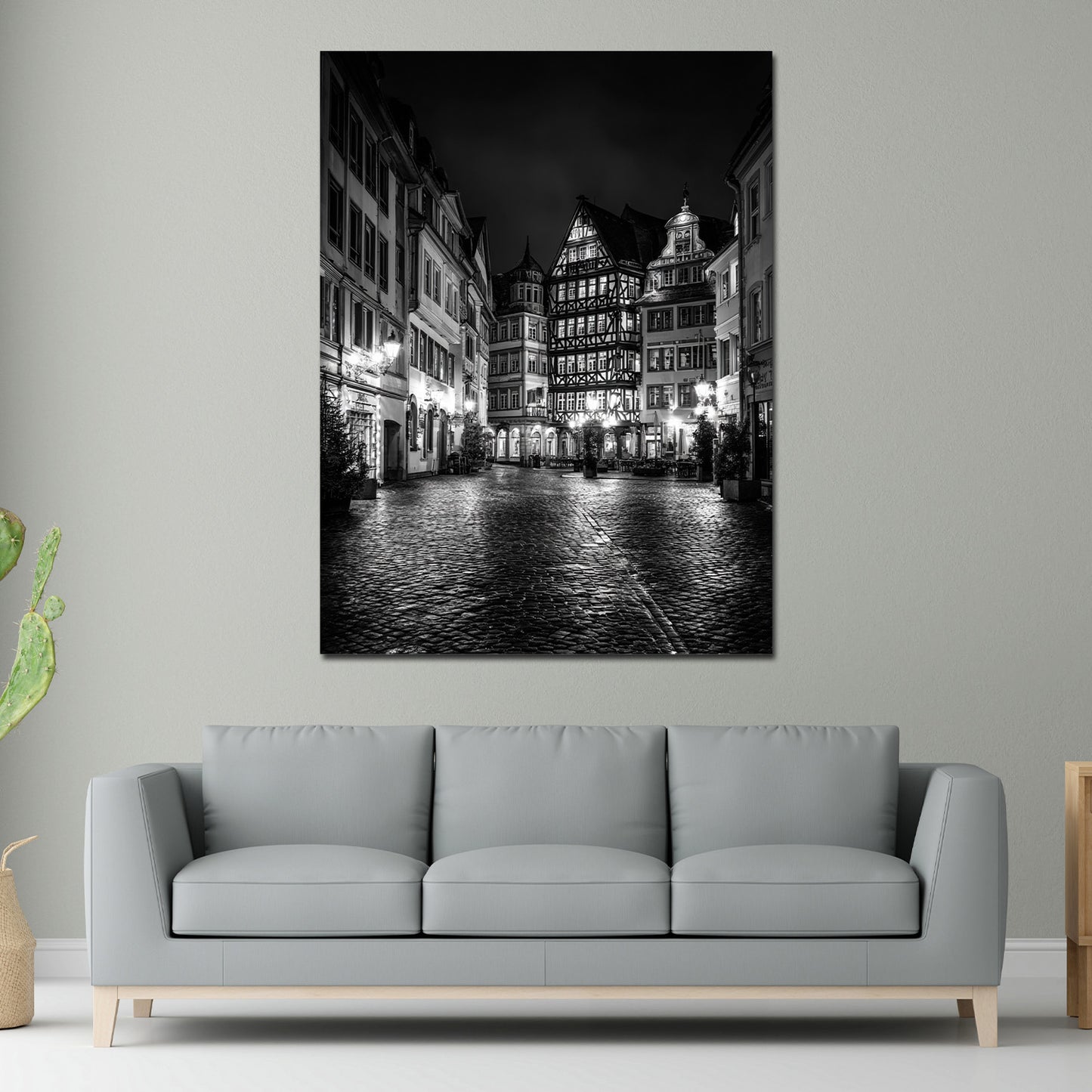 Altstadt Mainz schwarz weiß Fachwerkhäuser beleuchtet Wandbild