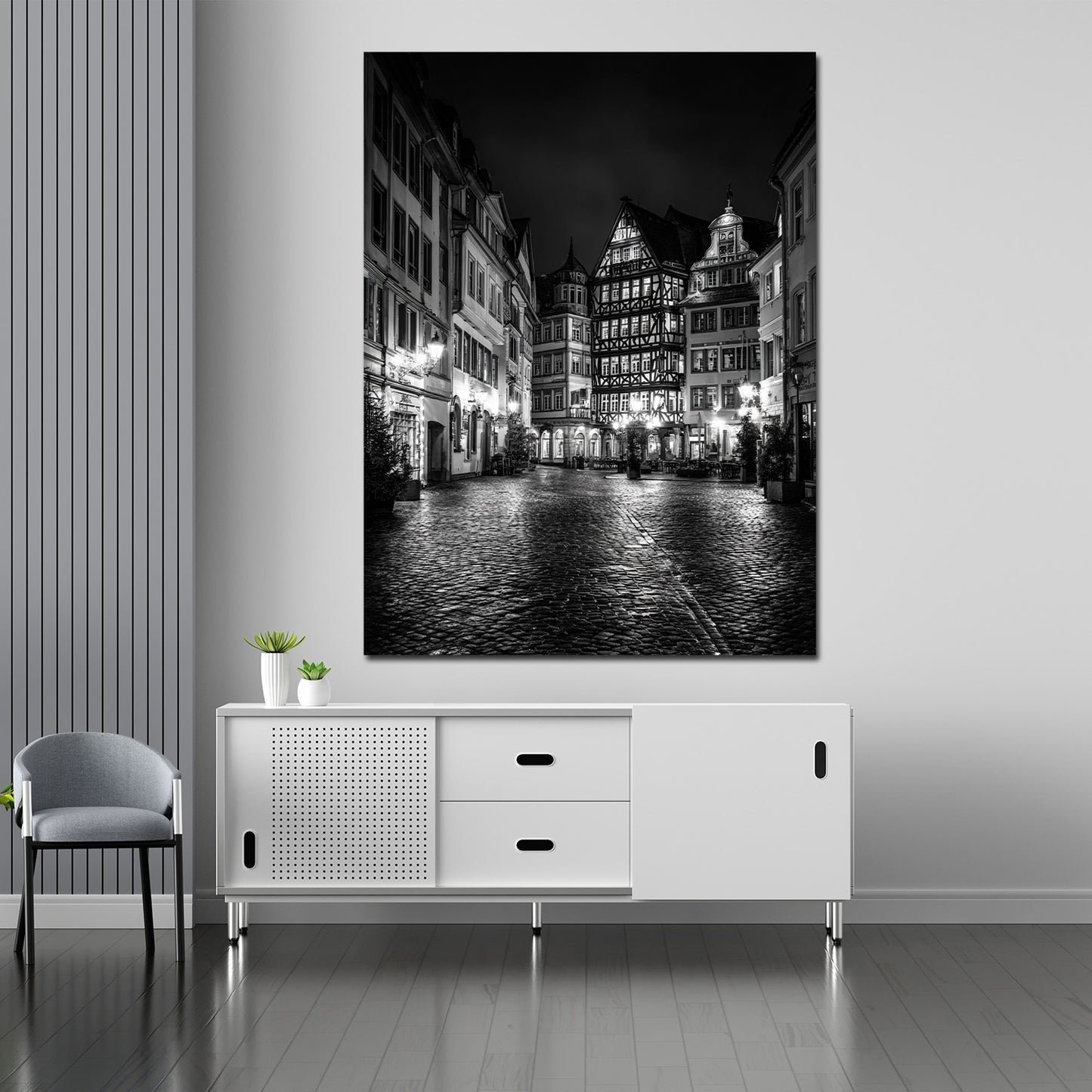 Altstadt Mainz schwarz weiß Fachwerkhäuser beleuchtet Wandbild