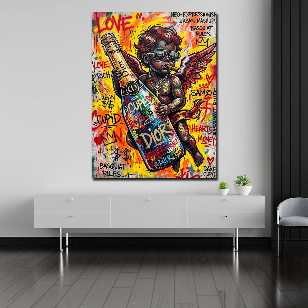 Amor mit Flasche Love Pop Art Wandbild im Wohnzimmer