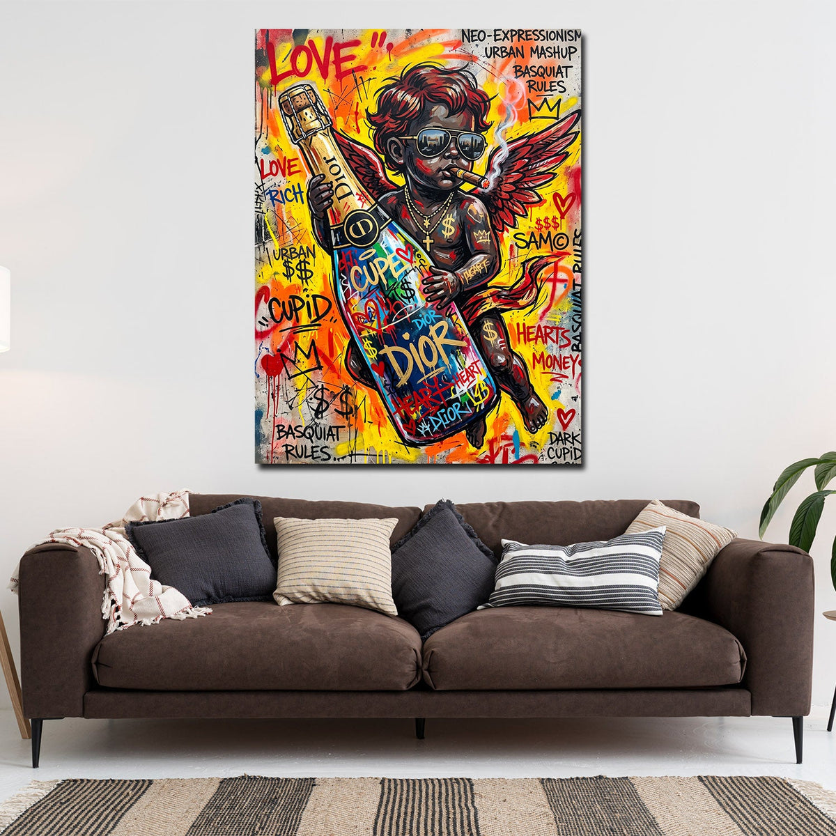 Amor mit Flasche Love Pop Art Wandbild an der Wand im Raum