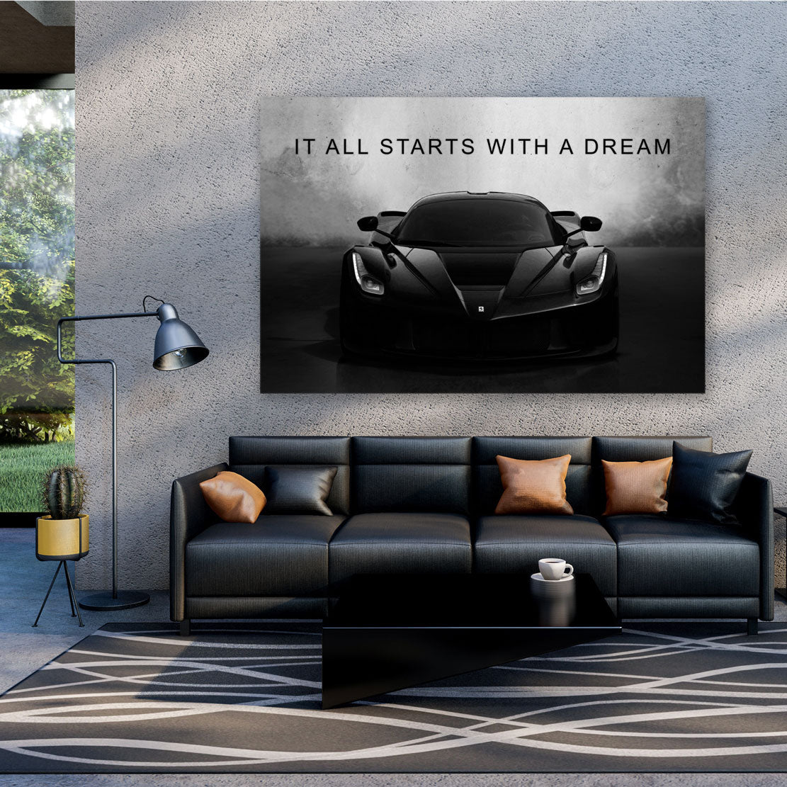 Wandbild Leinwandbild Motivation Sportwagen schwarz, It Starts With A Dream