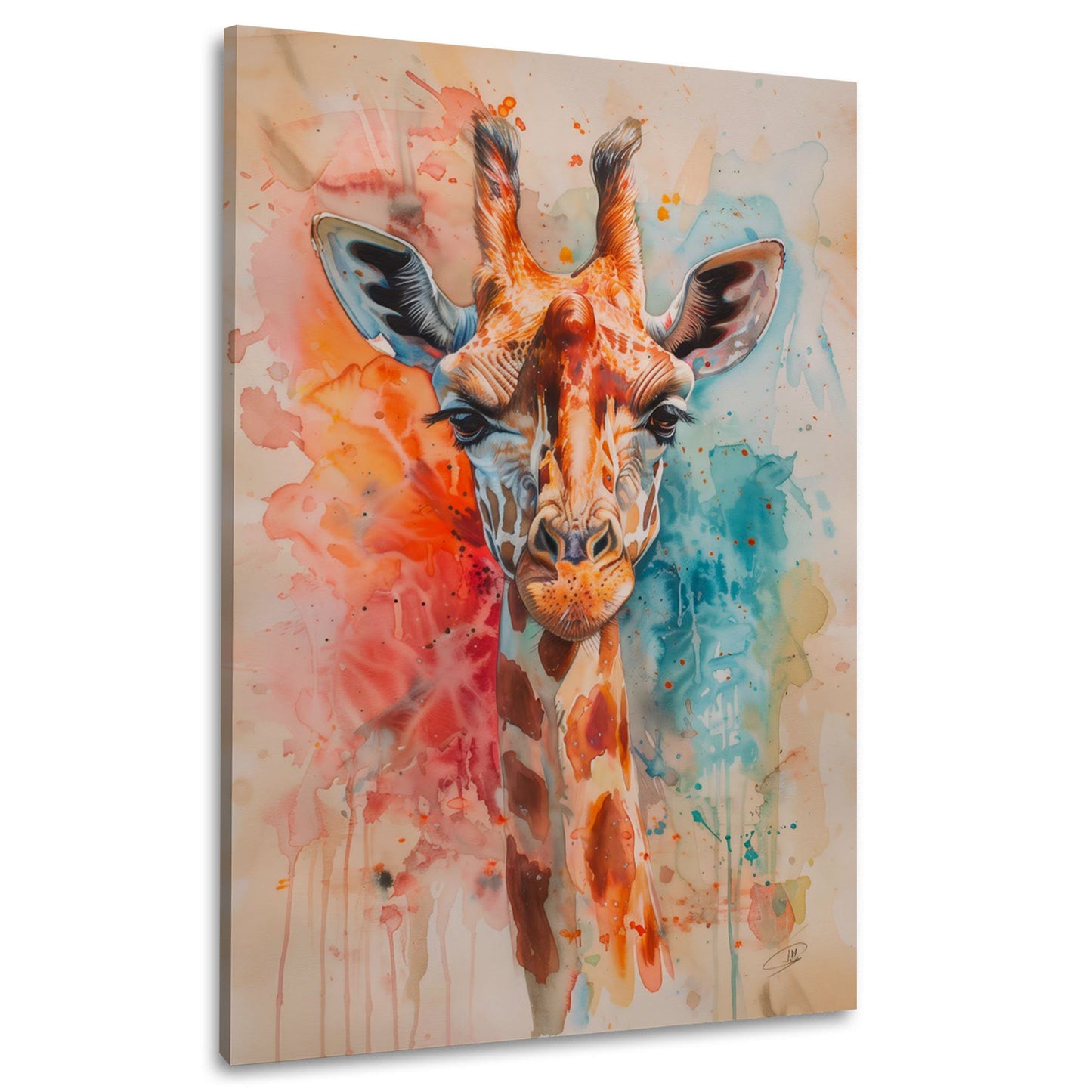 Aquarell Giraffenportrait bunt und farbenfroh Wandbild