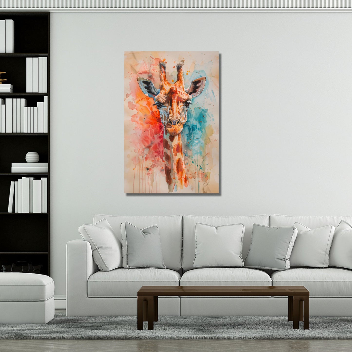 Aquarell Giraffenportrait bunt und farbenfroh Wandbild