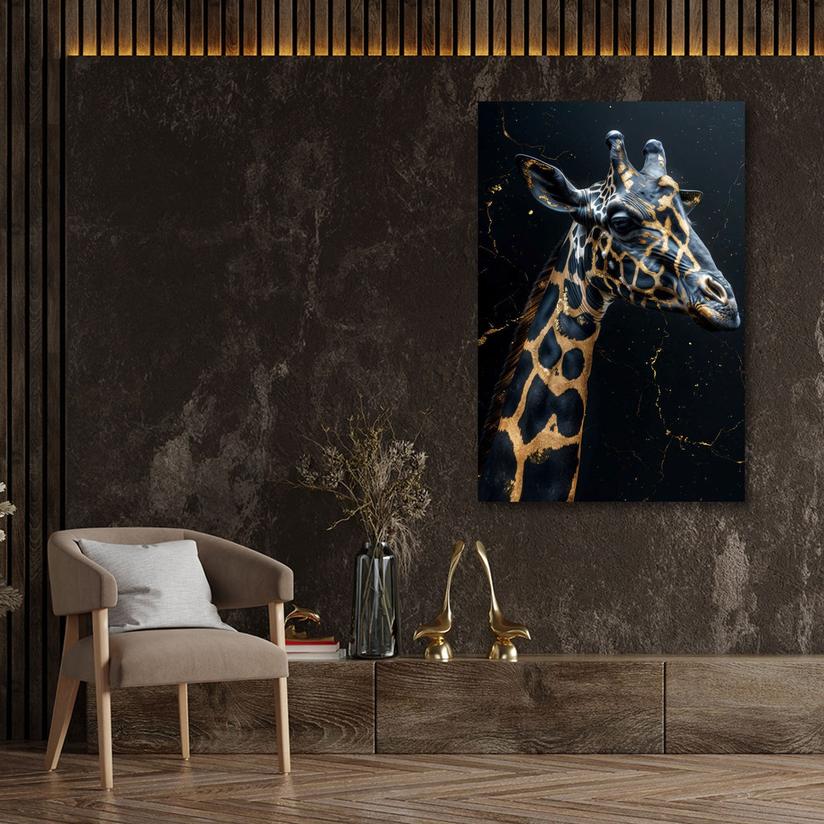 Giraffenportrait in zarten Farbverläufen als Wandbild im Raum