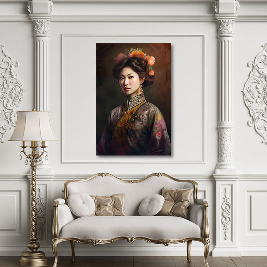 Asiatisches Frauenporträt mit floraler Eleganz Wandbild