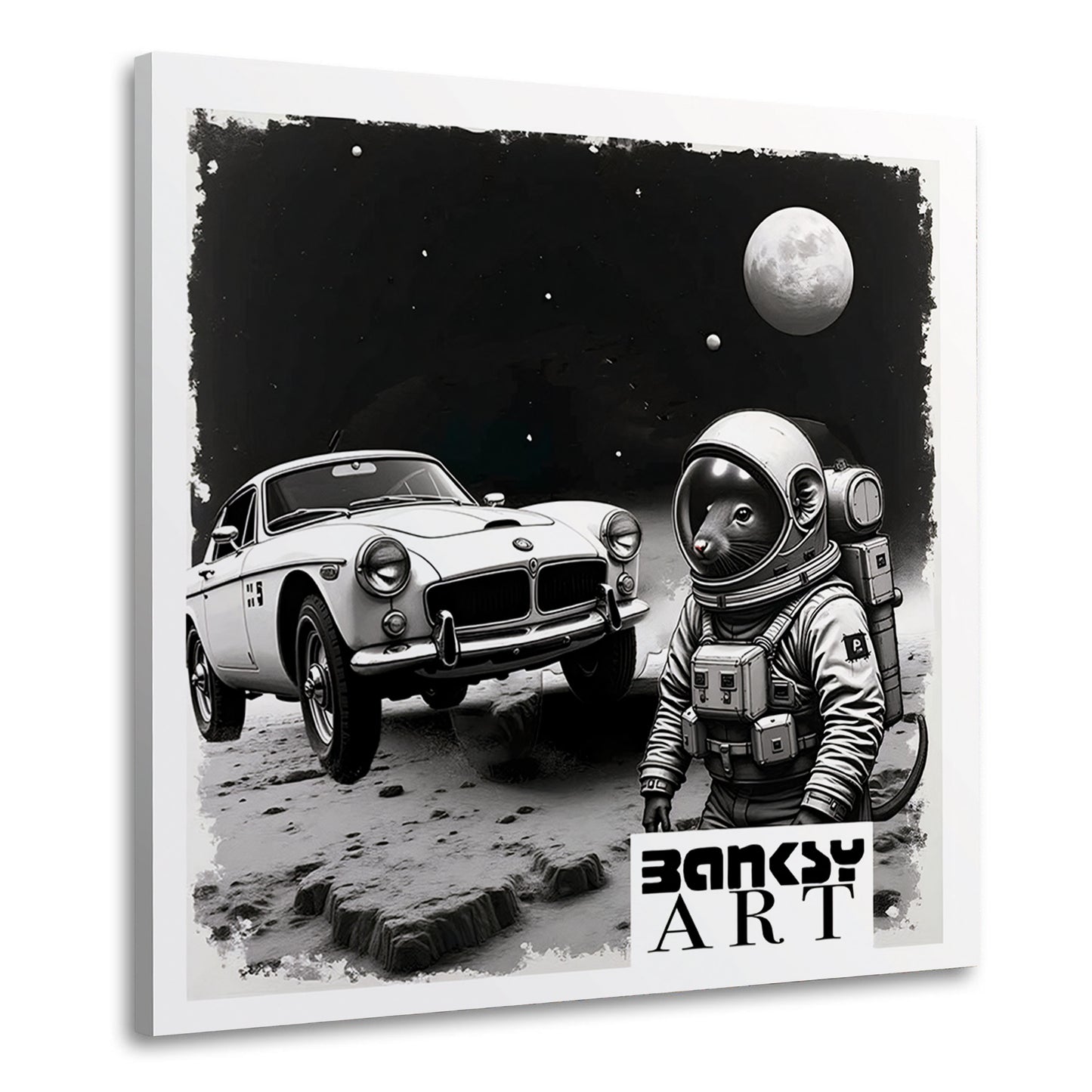 Astronaut Maus neben Retro Auto im All BANKSY-ART Wandbild