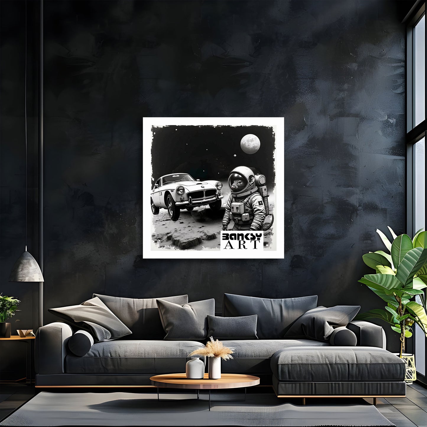 Astronaut Maus neben Retro Auto im All BANKSY-ART Wandbild